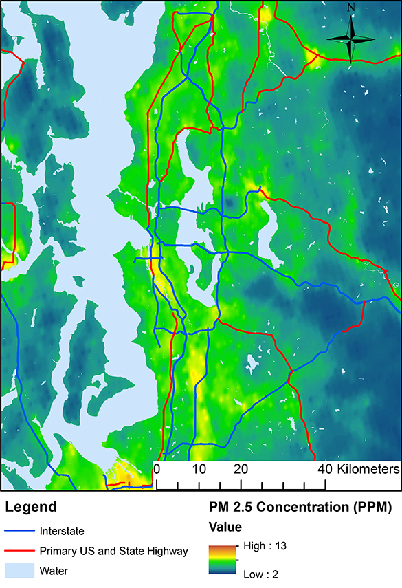 Map showing concentrations of fine particulate matter (PM 2.5) in the Puget Sound 