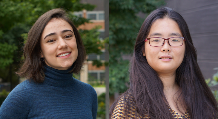 Student portraits in a split screen featuring Ana Gabriela Vasconcelos and Zhaoheng Lis