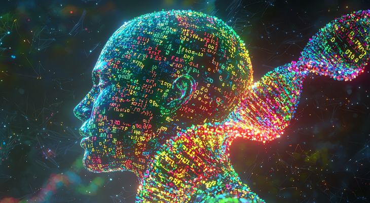 Photostock depicting a digital representation of a human silhouette with a DNA strand juxtaposed over shoulder, juxtaposed with lines of code displayed in vibrant colors over the image.