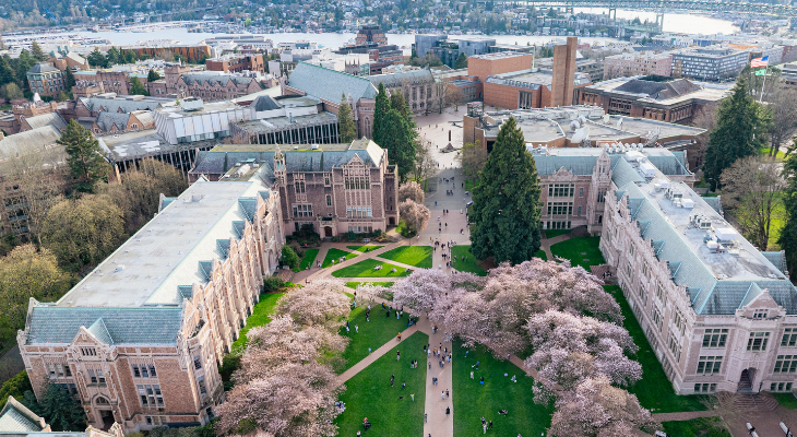 Aerial image of University of Washington campus in spring
