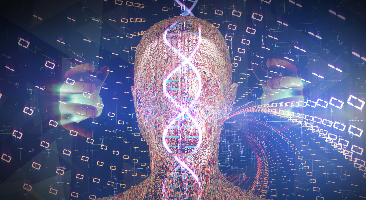 Colorful conceptual illustration of a human silhouette with computer programming and dna symbols juxtaposed