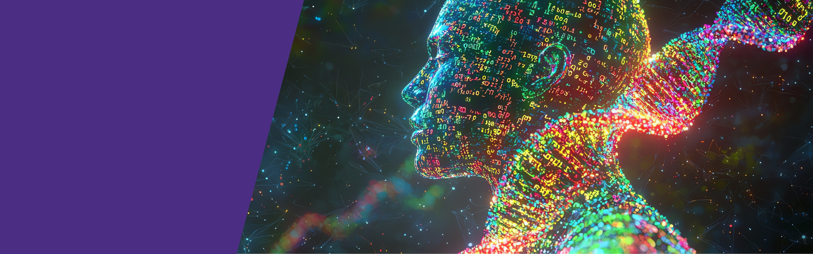 Photostock depicting digital representation of a human silhouette with a colorful DNA strand, highlighting the fusion of technology and biology