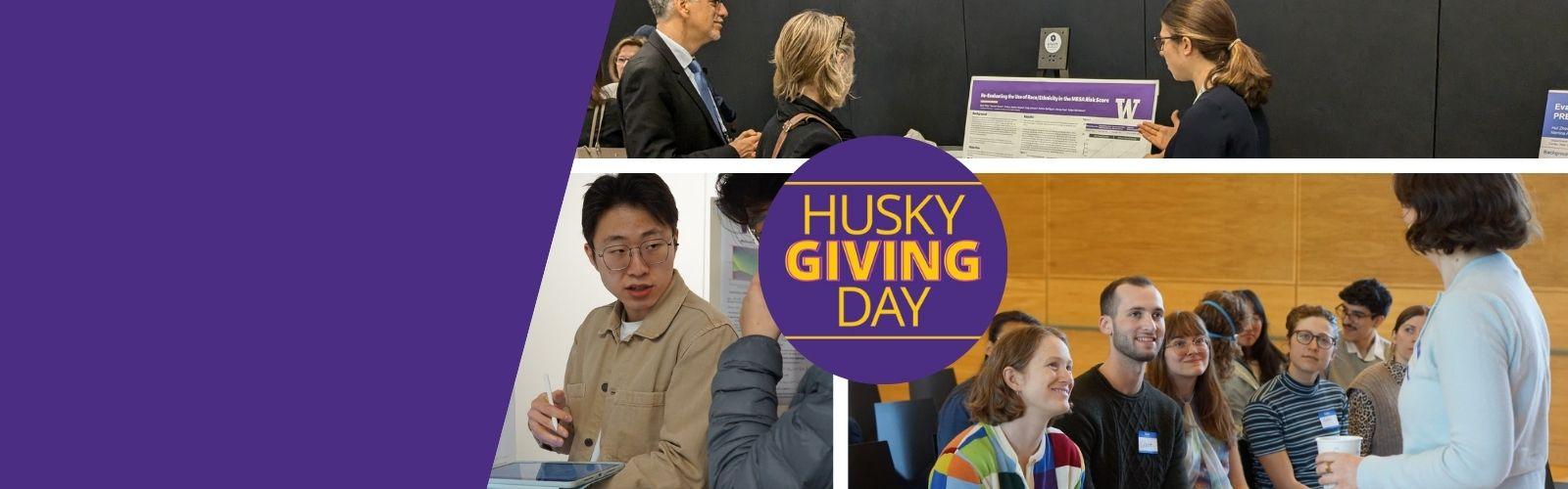 Two photos of students presenting posters and one of students talking to an alum