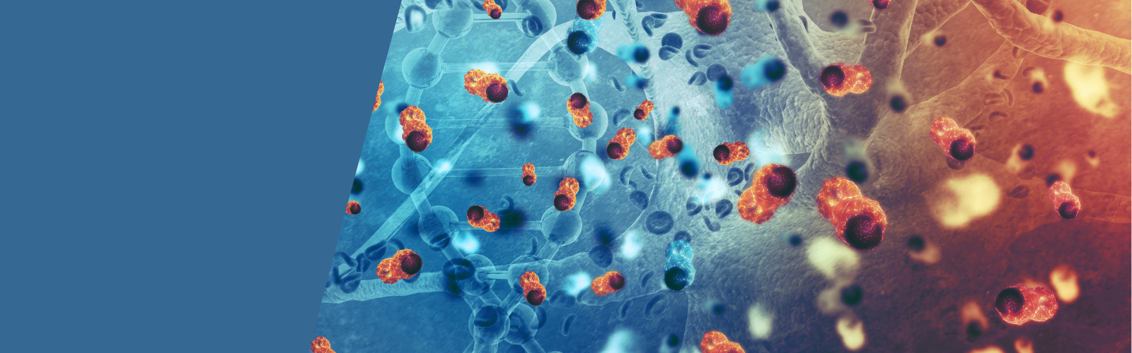 Illustration of cancer cells, depicted in blue and red tones