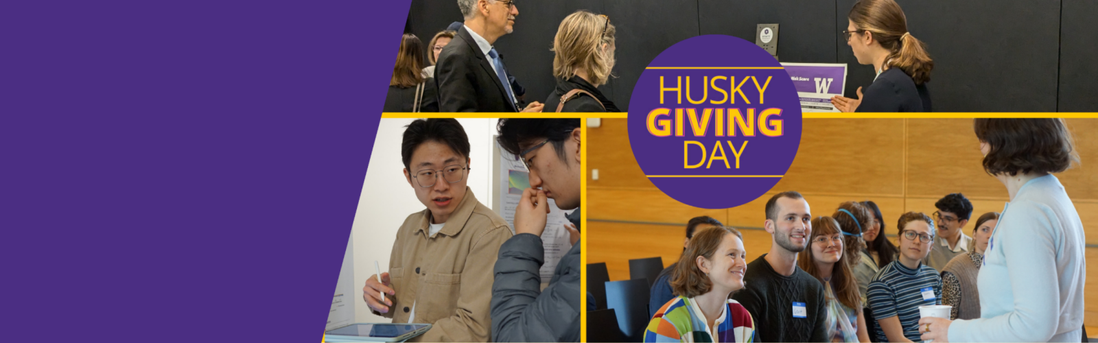 Husky Giving Day logo in foreground with a collage of UW Biostatistics students presenting work and networking at an alumni colloquium event in 2025 