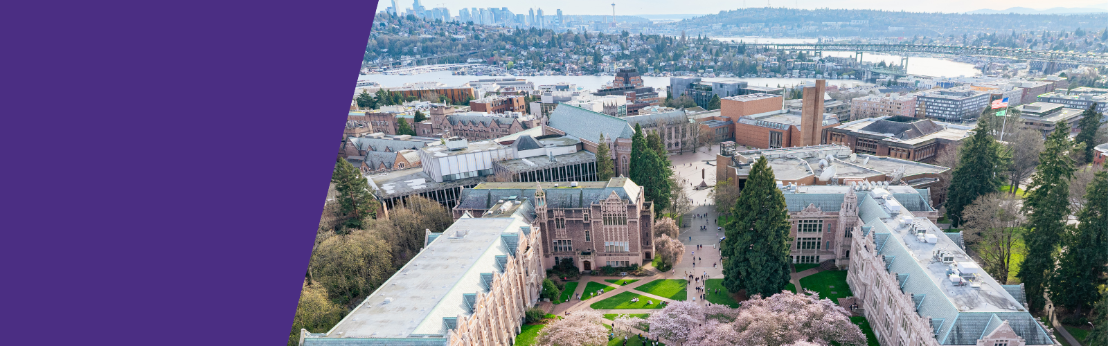 Aerial view of the University of Washington Quad and campus with the city of Seattle pictured in the background