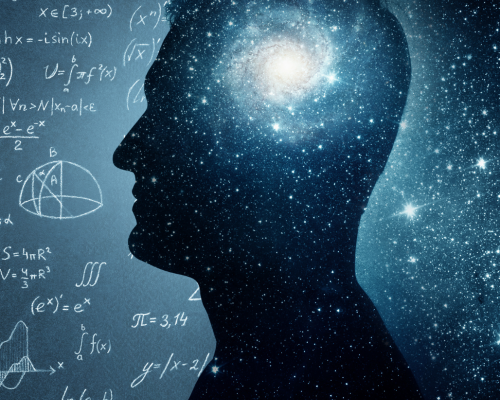 Abstract graphic depicting silhouette of human with brain lighted from within, surrounded by mathematical equations