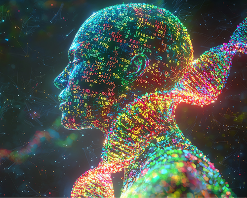 Photostock depicting digital representation of a human silhouette with a colorful DNA strand, highlighting the fusion of technology and biology