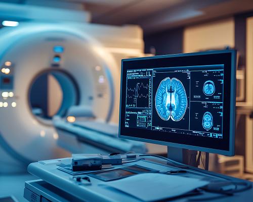 MRI brain scan on a monitor is shown with an MRI machine in the background