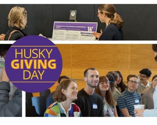 Students presenting research posters and photo of a group of students talking to a speaker