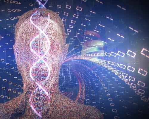 Stylized graphic of DNA strands and silouette of human head