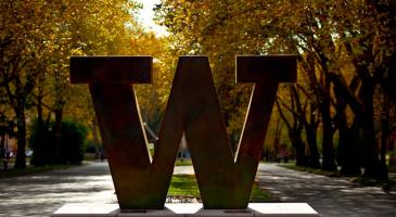 Photo of Bronze W at entrance to UW Campus