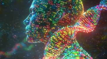 Photostock depicting digital representation of a human silhouette with a colorful DNA strand, highlighting the fusion of technology and biology