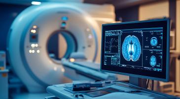 MRI brain scan on a monitor is shown with an MRI machine in the background