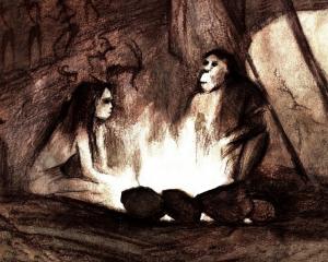 Drawing of ancient humans in a cave sitting by a fire
