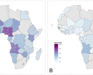Map of Africa with countries shaded by time-space estimates of under-five mortality