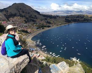 Natalie Gasca overlooking Lake Titicaca in Bolivia