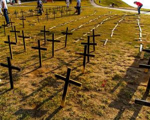 Photo of grass area covered with wooden crosses