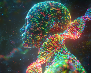 Photostock depicting digital representation of a human silhouette with a colorful DNA strand, highlighting the fusion of technology and biology