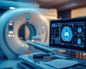 MRI brain scan on a monitor is shown with an MRI machine in the background