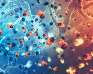 Blue and red shaded image depicting cancer cells at a microscopic level