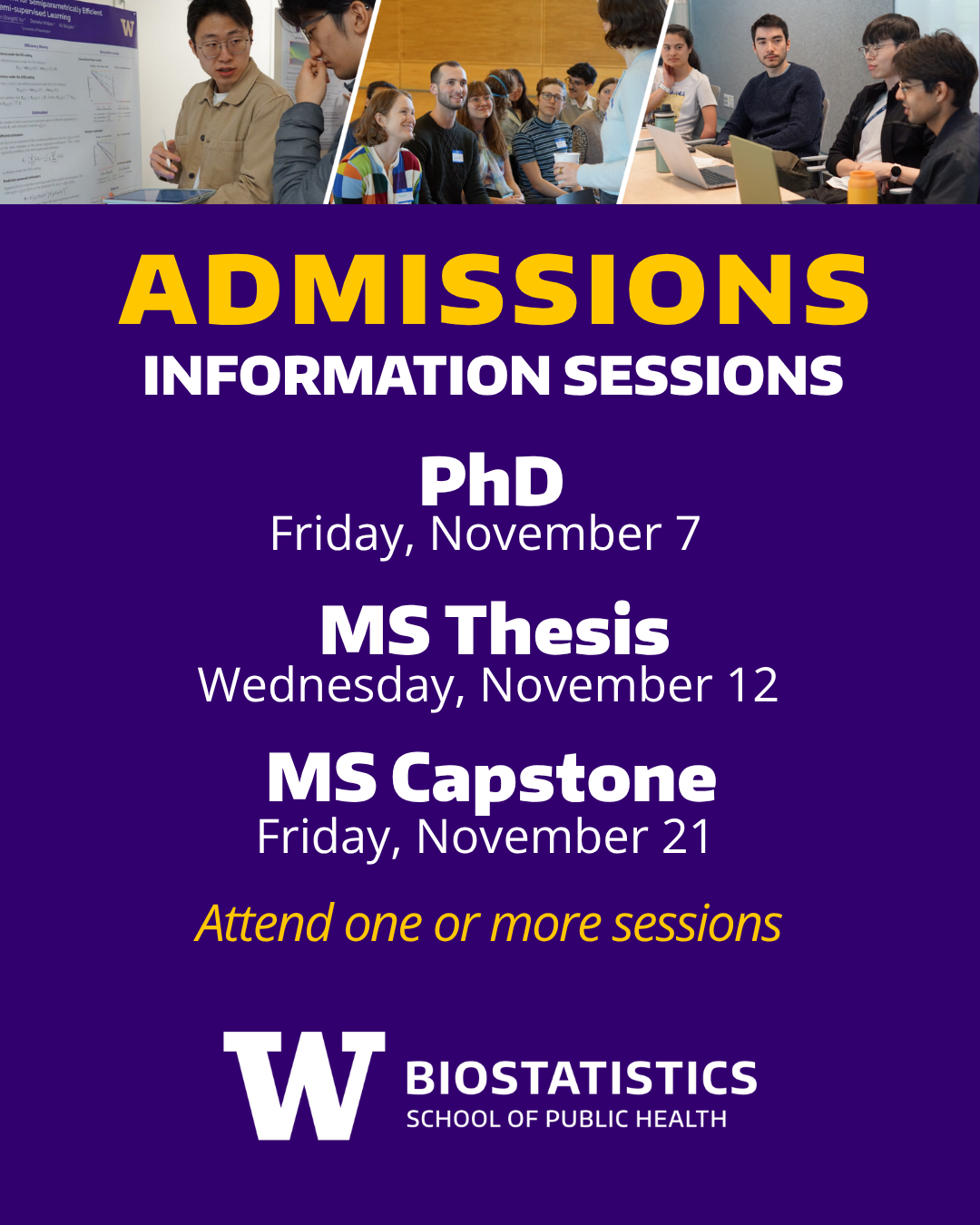 Admissions Information Sessions list of upcoming dates for UW Biostatistics webinars
