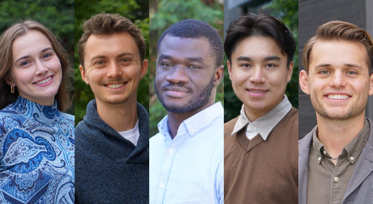 Photo collage depicting five students