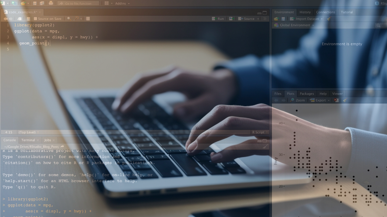 Woman typing on keyboard juxtaposed with an image of R console screen