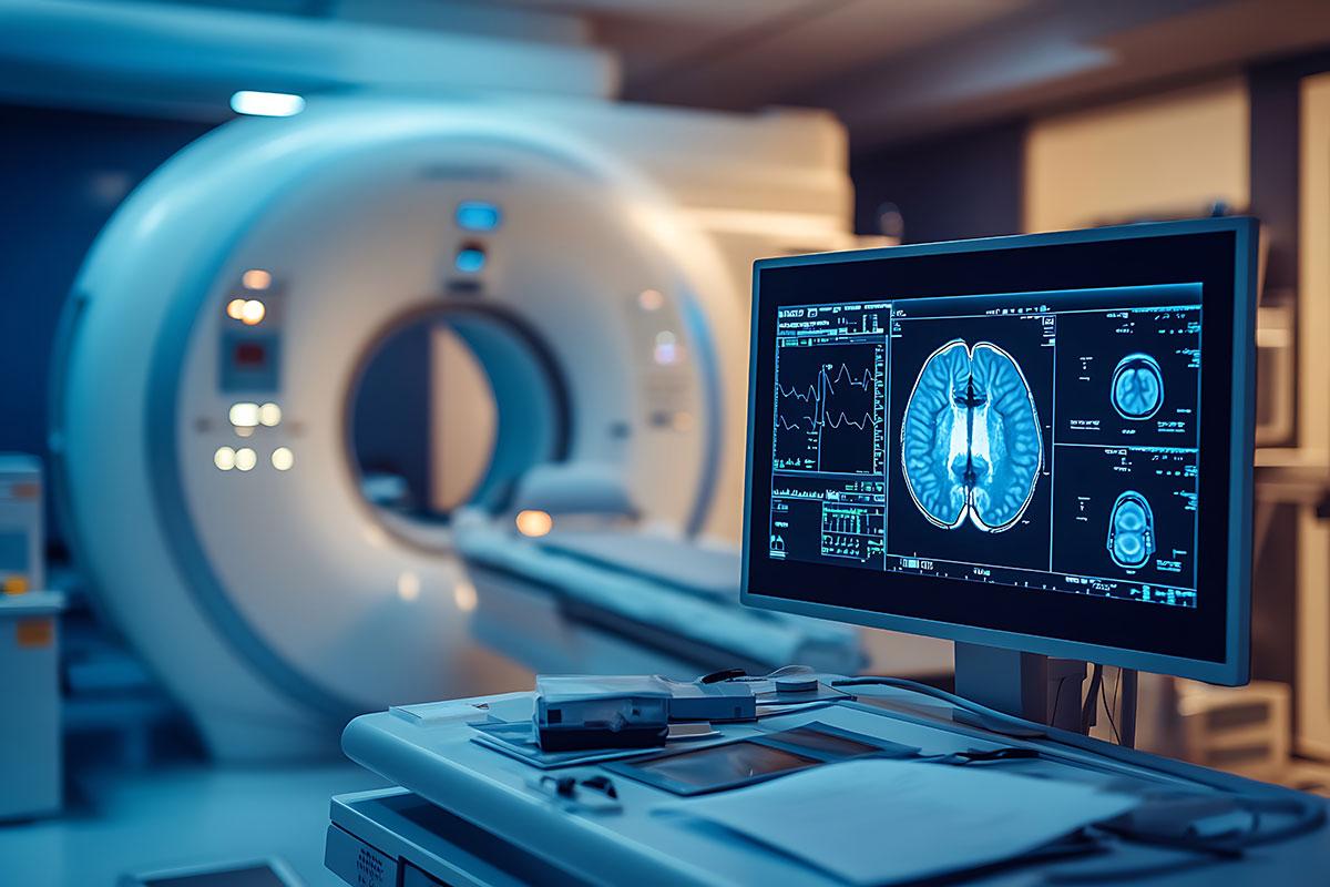 MRI brain scan on a monitor is shown with an MRI machine in the background
