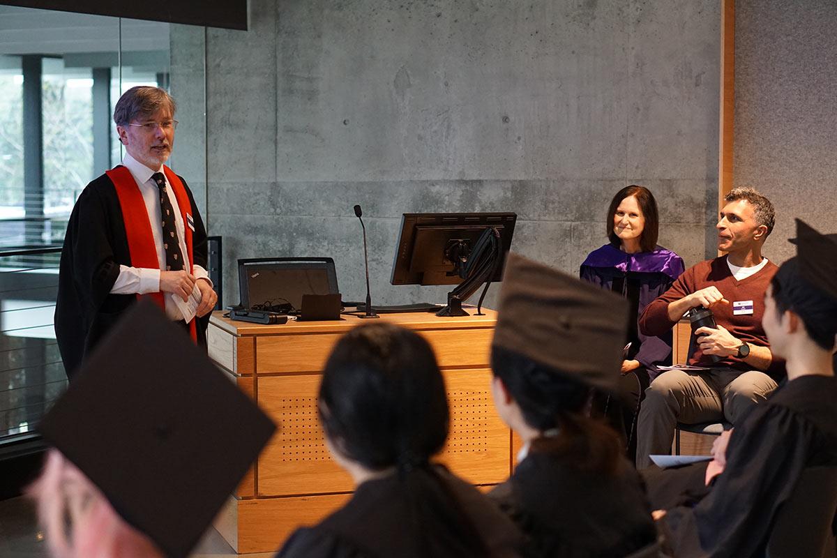 Ken Rice, Kathleen Kerr, and Ali Shojaie during the 2026 MS Capstone graduation ceremony