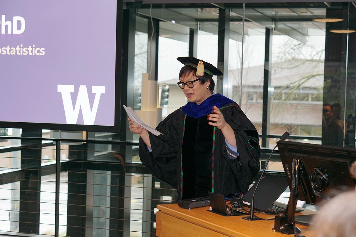 Assistant Professor Kevin Lin addressing students at the 2026 MS Capstone Graduation, UW Biostatistics