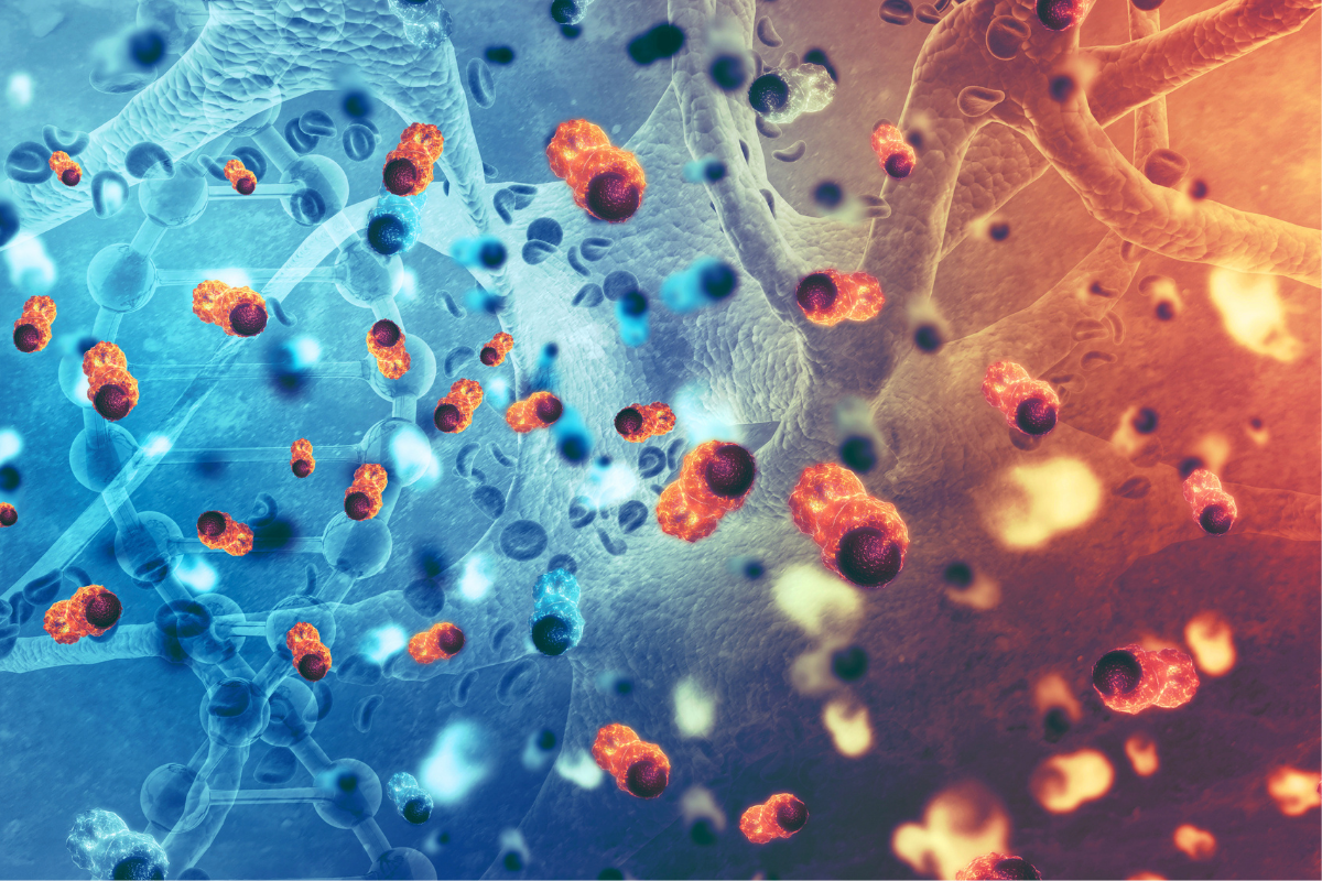 Blue and red shaded image depicting cancer cells at a microscopic level